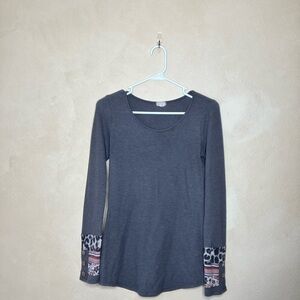 Gray Long Sleeve Top with Patterned Cuffs